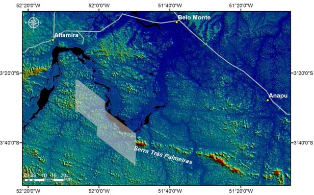 Figura  1  –  Localização  da  área  em  estudo,  delimitada  pelo  polígono  branco.  A  porção  denominada  Volta  Grande  do  Xingu  localiza-se  porção  centro-nordeste  do  estado  do  PA.Destaca-se  ainda  a  localização  da  principal  feição  geomo