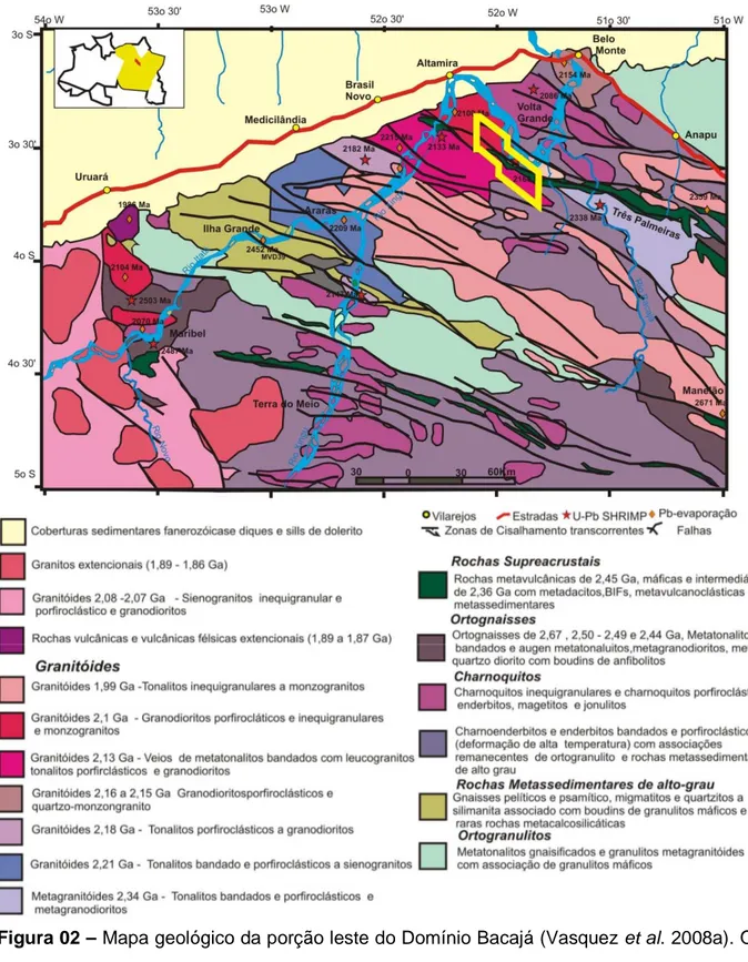 Figura 02 – Mapa geológico da porção leste do Domínio Bacajá (Vasquez et al. 2008a). O  polígono amarelo representa a área de estudo