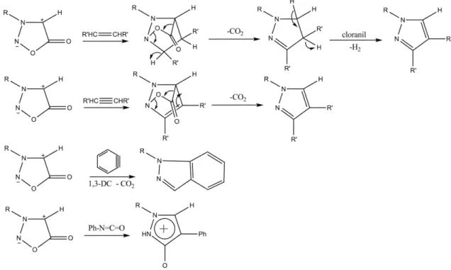 Figura 12  –  Reações de cicloadição 1,3 dipolar-eliminação da sidnona 