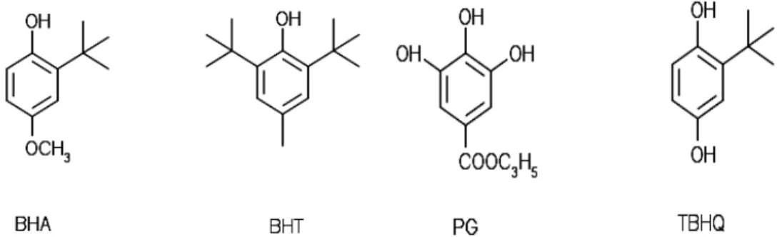 Figura  3.8  -  Estruturas  químicas  dos  principais  antioxidantes  sintéticos  usados  comercialmente.