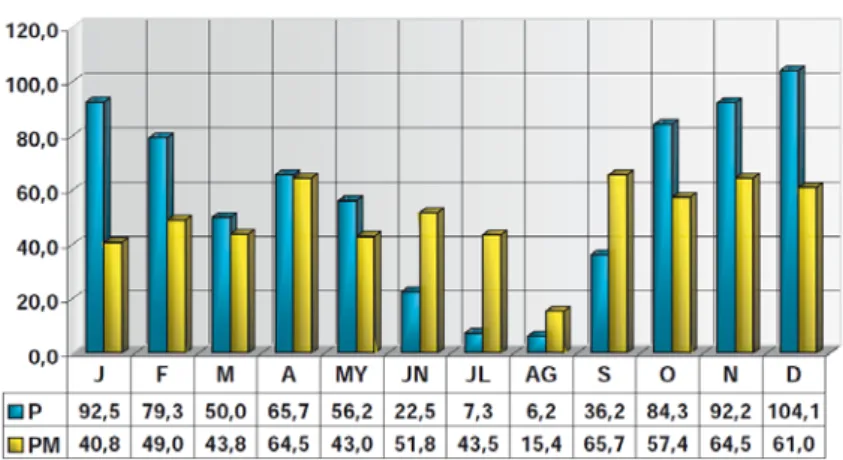 Figura 15 – Precipitação média mensal em Santarém durante o período 1971-2000: P –  Média da quantidade de precipitação total; PM - Maior valor da quantidade de precipitação 
