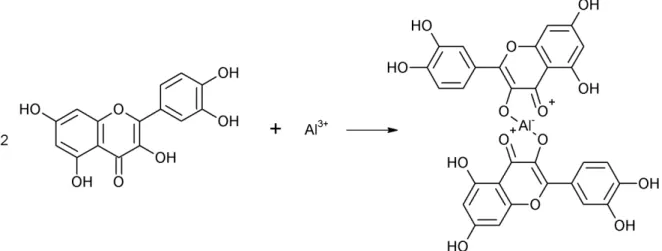 Figura  1.2  –   Equação  da  reação  de  com plexação  de  Al( I I I)   em pregando  a  quercet ina  [ 70] 