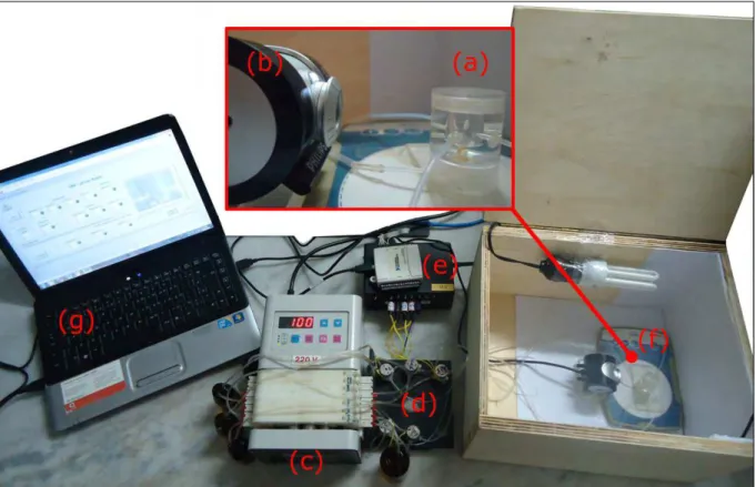 Figura  2.1  –   Fotografia  do  DIB- FBA.  ( a)   Câm ara  de  m istura,  (b)   webcam,  ( c)  bom ba  perist áltica,  (d)   válvulas  solenoides,  ( e)   acionador  de  válvulas,  ( f)   agit ador m agnético e ( g)  notebook