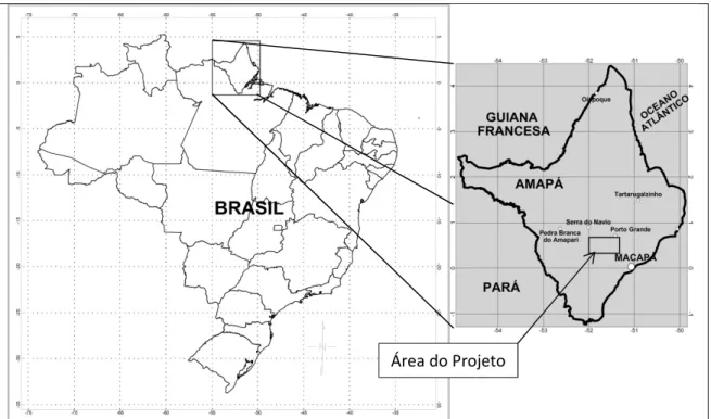 Figura 1: Localização do Greenstone belt - Vila Nova (polígono preto) em relação às principais cidades do Amapá.