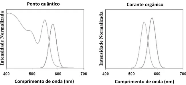 Figura  1.9.  Representação  esquemática  típica  de  espectros  de  absorção  (primeira  linha)  e  emissão  (segunda linha) de (a) PQs e (b) corantes orgânicos