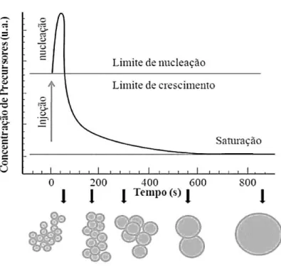 Figura 1.10. Principais etapas envolvidas na síntese de nanopartículas cristalinas pelo método de injeção  a quente (Murray et al