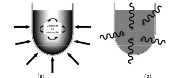 Figura 2.4   Aquecimento por condução térmica (a) versus microondas (b) Fonte: Kappe et al., 2009