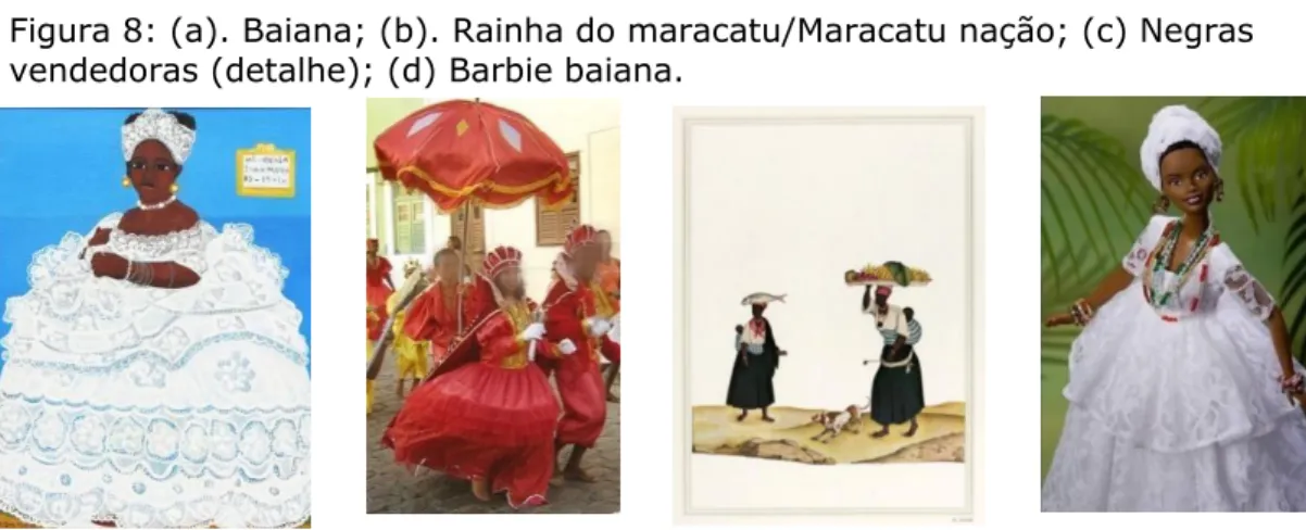 Figura 8: (a). Baiana; (b). Rainha do maracatu/Maracatu nação; (c) Negras  vendedoras (detalhe); (d) Barbie baiana