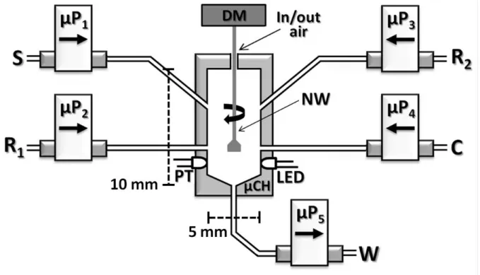 Figura  2.5:  Diagrama  do  μFBA  -  μC  =  microcâmara;  microbombas  solenóides=  µB 1 ,  µB 2 ,  µB 3 ,  µB 4,  µB 5 ;  FT  =  fototransistor;  motor  drive,  haste de nylon e LED