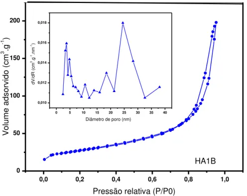 Figura  4.5  –   Isotermas  de  adsorção/dessorção  e  distribuição  de  diâmetro de poros dos materiais HA2puro, HA2A e HA2B