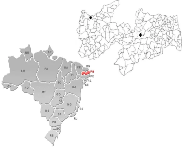 Figura  4.1  Mapa  da  Paraíba  mostrando  os  lugares  em  que  os  méis  e  pólen  da  Jandaíra  foram coletados