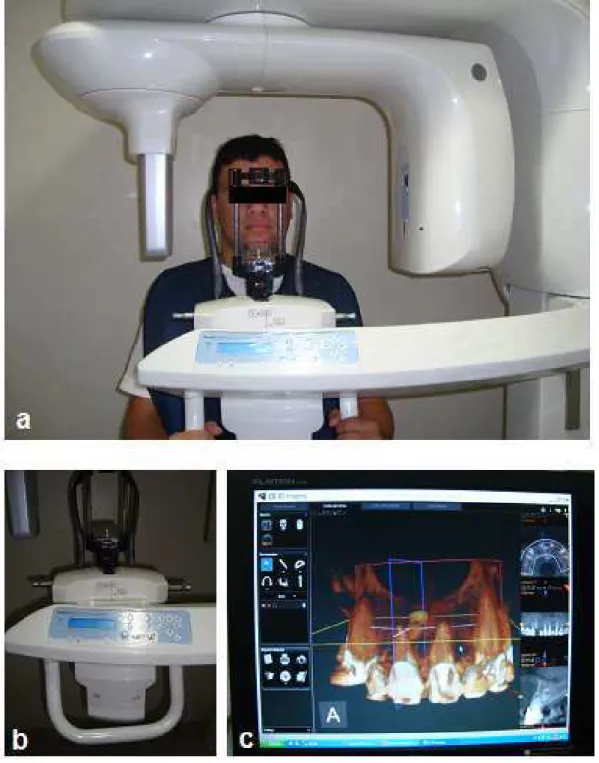 Figura 2. Paciente posicionado no Tomógrafo (a); Monitor do KODAK  9000 3D (b) Visualização de imagens em tempo real (c)