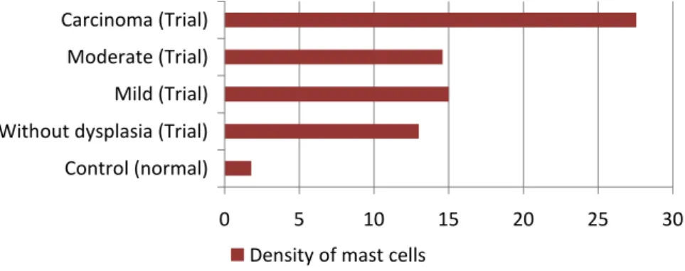 Graphic  1:  Density  of  mast  cells  according  to  the  degree  of  dysplasia  and  carcinoma  in  the  experimental group and control