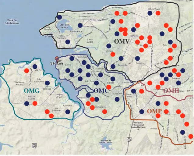 FIGURA 1 – Mapa da distribuição dos pontos de coleta das amostras de água referentes aos estudos 1  e 2, segundo as unidades operacionais de negócios da CAEMA