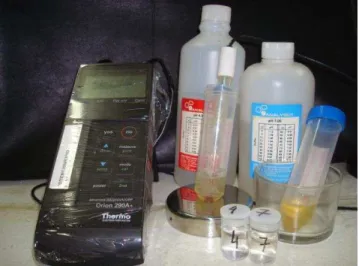 FIGURA 6: Potenciômetro, soluções padrões de pH 4,0 e 7,0, eletrodo para medir pH e      amostras de urina