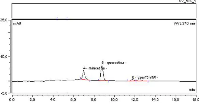 Figura 12  –  Cromatograma do liofilizado do vinho tinto do Vale do São Francisco mostrando  a presença dos flavonoides miricetina, quercetina e caempferol