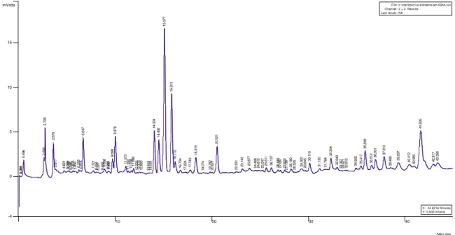 Gráfico  1  -  Cromatograma  mostrando  o  perfil  de  F63  nas  seguintes  condições  analíticas:  HPLC  Varian  Pro  Star,  UV/VIS,  gradiente  linear  com  o  eluente A, H 2 O TFA ,0,1% ,  eluente B  ACN, no T 0  =  80% de A e 20% de B   até  70%  de  B