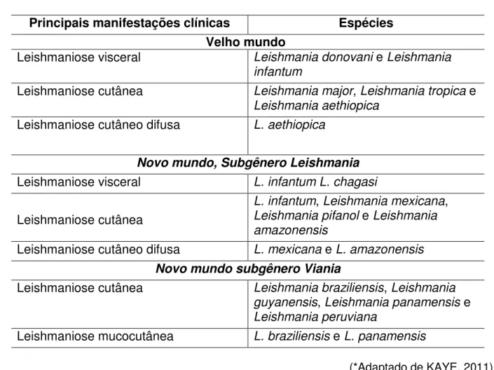 Tabela 1- Principais espécies de Leishmania que afetam seres humanos* 