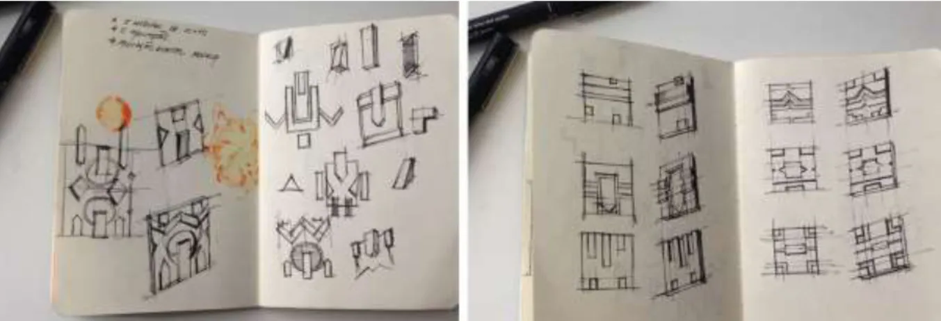 Figura 13: Esboços elaborados a partir de elementos do Art Déco belo-horizontino. (Paulo  Henrique Weskerson, 2017)