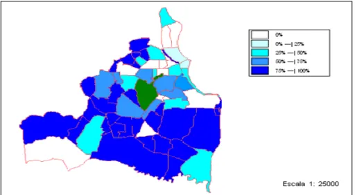Figura 3: Mapa da distribuição da cobertura das ESF, no ano de 2005,  por bairros. Município de João Pessoa