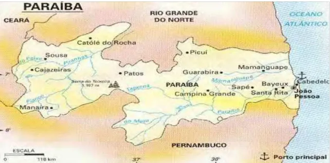 Figura 01: Mapa da Paraíba e a localização dos seis municípios prioritários. 