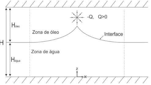 Figura 3.4: Aspecto geral do problema de cone de água Na Fig. 3.4, pode-se indicar que: