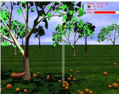 Figura 15: Catching oranges game – utilizando  um dispositivo háptico, o paciente deverá pegar as  laranjas com movimentos bilaterias