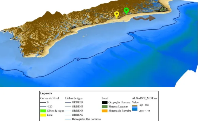 Figura 3. 8-Mapa tridimensional do Algarve com a localização da Galé e dos Olhos de Água