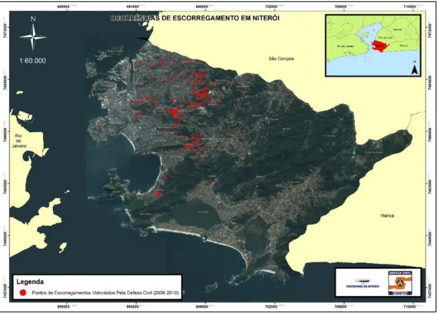 Figura  5:  Mapa  de  Escorregamentos  Vistoriados  em  Niterói  Pela  Defesa  Civil.  Fonte: 