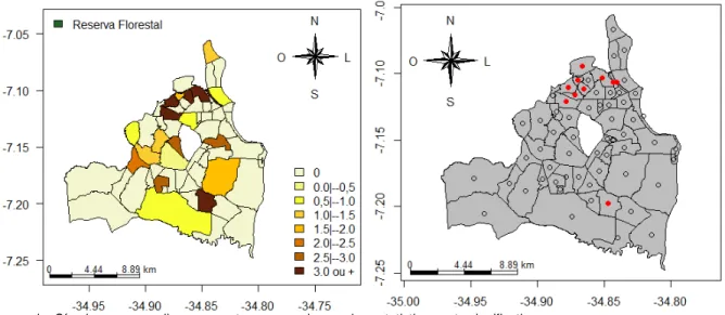 Figura  14:  Mapa  de  risco  relativo  (esquerda)  e  Scan  espacial  (direita)  para  João  Pessoa em abril de 2008 