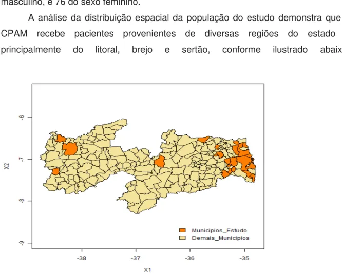 Figura 6: Distribuição espacial da população do estudo quanto aos municípios  do estado da  Paraíba