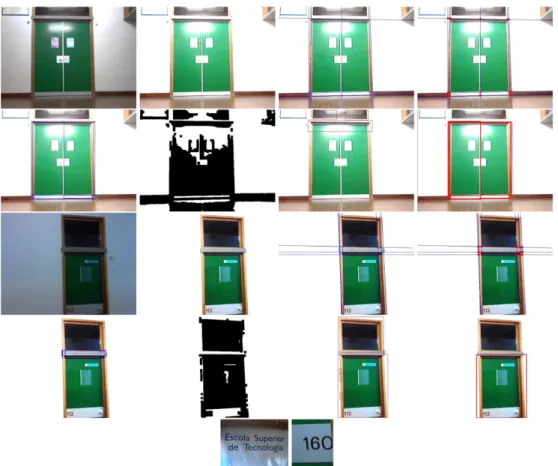 Fig. 3. Top row, from left: input image, brightened and sharpened image, detected horizontal and vertical edges, and intersection points