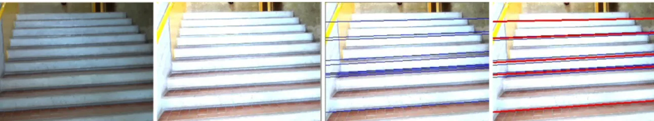 Fig. 4. Left to right: example image with stairs, brightening and sharpening, detected horizontal edges and final steps detected