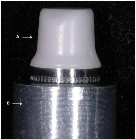 FIGURA  11  –   Vista  lateral  do  conjunto:  A)  Coping  cerâmico;  B)  Troquel  metálico