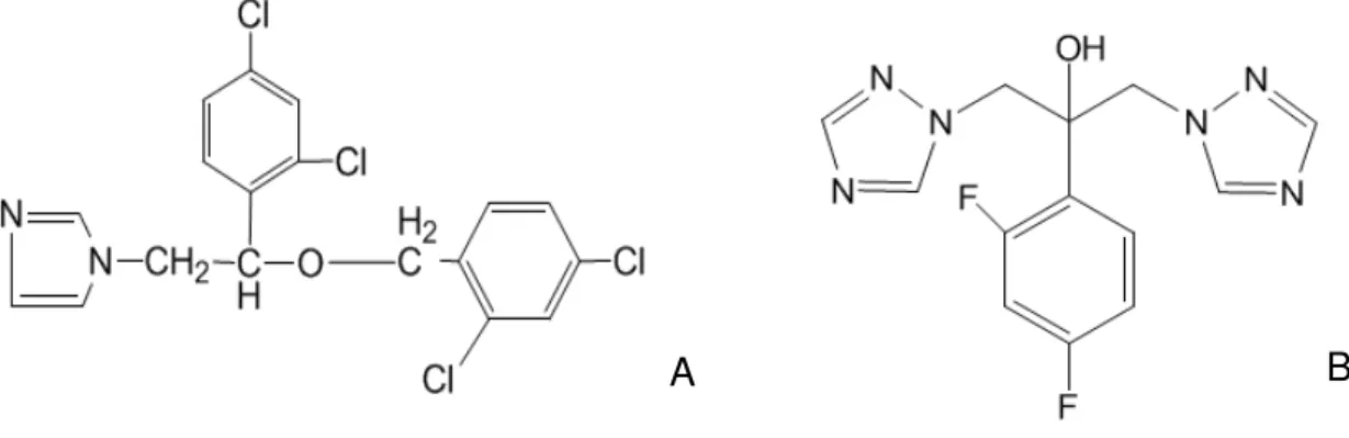 Figura 6 – Estrutura química do miconazol (A) e do fluconazol (B). 