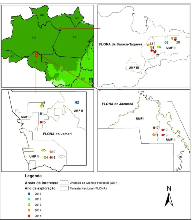 Figura 2.1. Localização da área de estudo e das 21 amostras de dados LiDAR em áreas  florestais exploradas seletivamente 