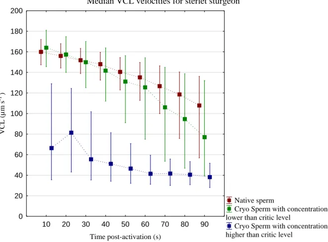 Figure II.1 – Median VCL for native spermatozoa (Native sperm), post-thaw spermatozoa with concentration lower  than  the  critic  level  of  sperm  (Cryo  Sperm  with  concentration  lower  than  critic  level)  and  Cryo  Sperm  with  concentration highe
