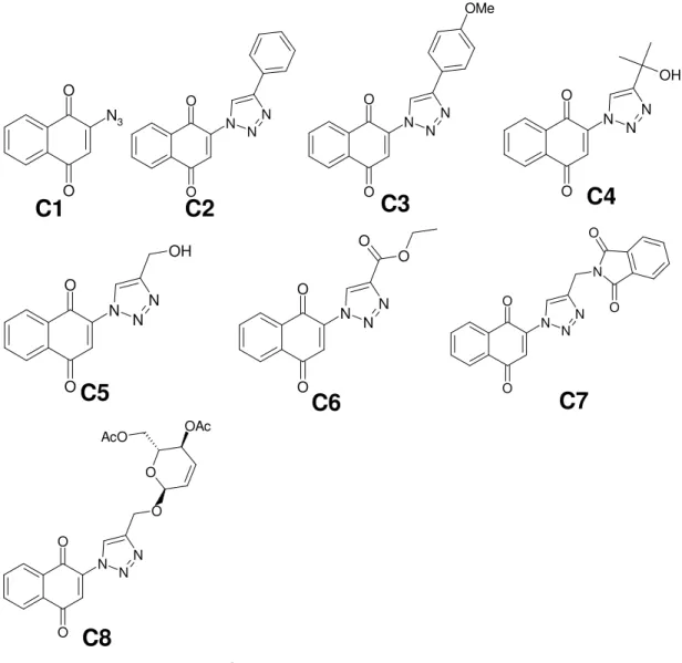 Figura 11: Estruturas químicas das 1,2,3-triazol-1,4-naftoquinonas (C2-C8)  e seu precursor azida (C1)