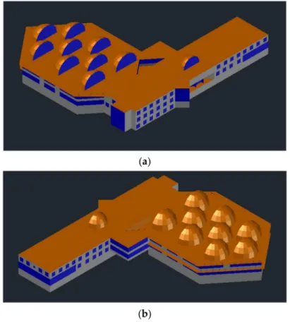 Figure 1. 3D library visualization: (a) Northeast view; (b) Southwest view. Blue color is associated with glasses, gray color is associated with walls and orange color is associated with roof and plates.