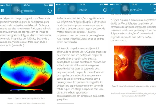 Figura 9- Captura da tela do aplicativo- a) Intensidade do campo magnético da Terra; b) História do  magnetismo; c) Vento solar e magnetosfera