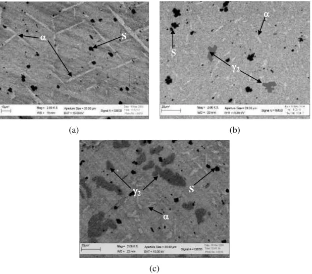 Figura 21  –  Microscopia eletrônica de varredura, sinal QBSD: a) 0,5%Be, b) 0,6Be e c)  0,7% de Be 