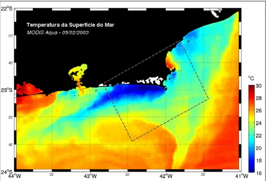 Figura 1 – Imagem de temperatura da superfície do mar (TSM) evidenciando o  fenômeno da ressurgência costeira em Cabo Frio (Fonte: Cortesia de Ricardo 