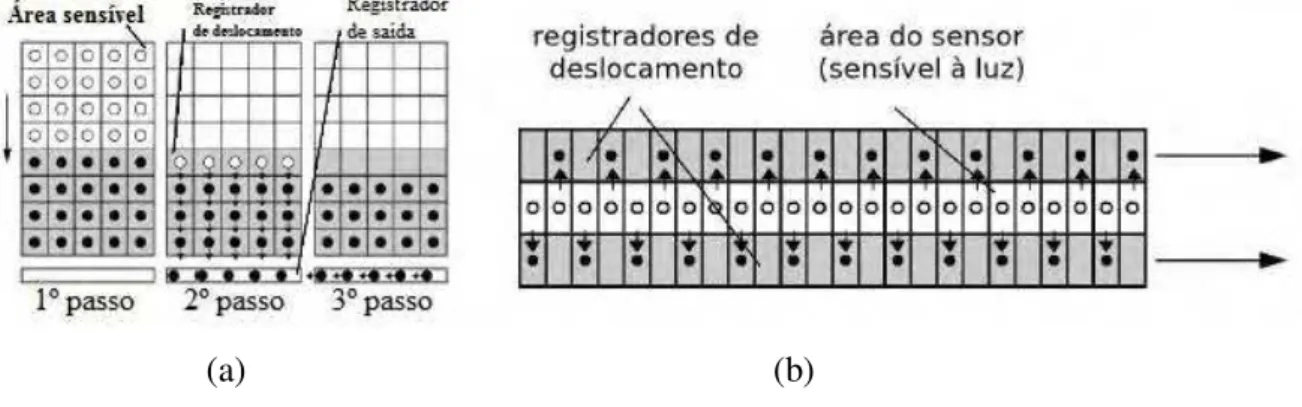 Figura 2.8  –  Sensibilização, armazenamento e deslocamento da imagem. a) CCD matriz  b) CCD linear (STEMMER et al, 2005) 