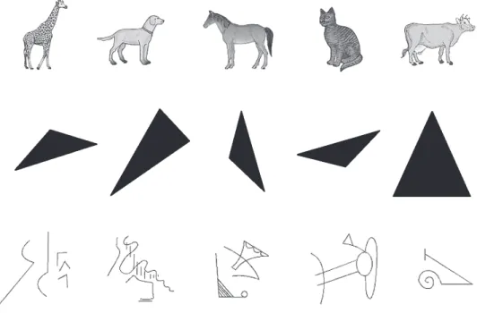 Figura 1 - Exemplos de sequências de estímulos apresentadas nas condições Animais, Triângulos e Figuras Abstractas