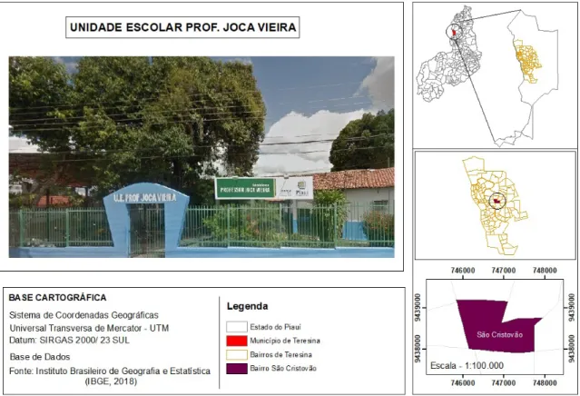 Figura 1 – Mapa de localização da unidade escolar Professor Joca Vieira,   município de Teresina, Estado do Piauí