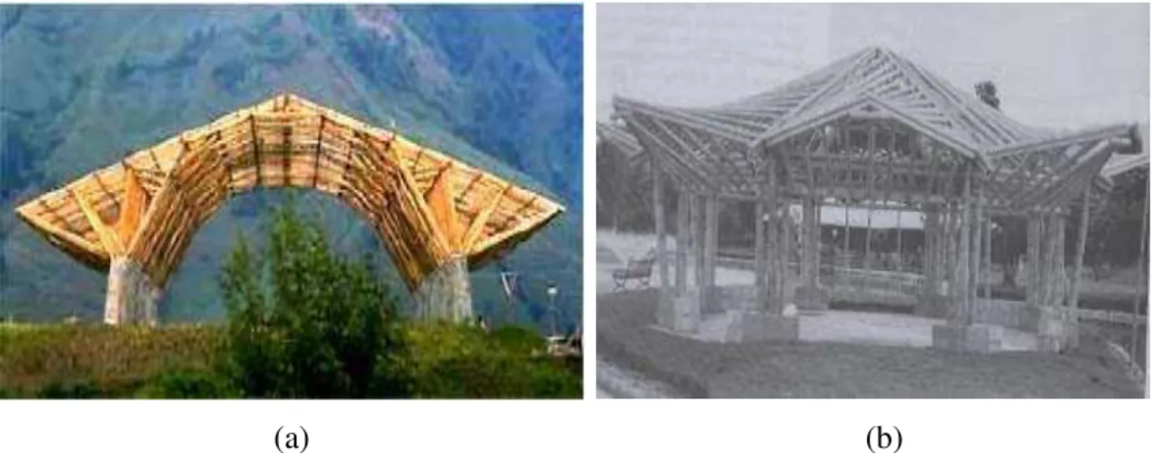 Figura 2.5  –  (a) Estrutura de bambu criada pelo arquiteto Simon Vélez, na Colômbia  (TEIXEIRA, 2006); (b) Estrutura de bambu criada pelo arquiteto Guillermo Holguin, na 