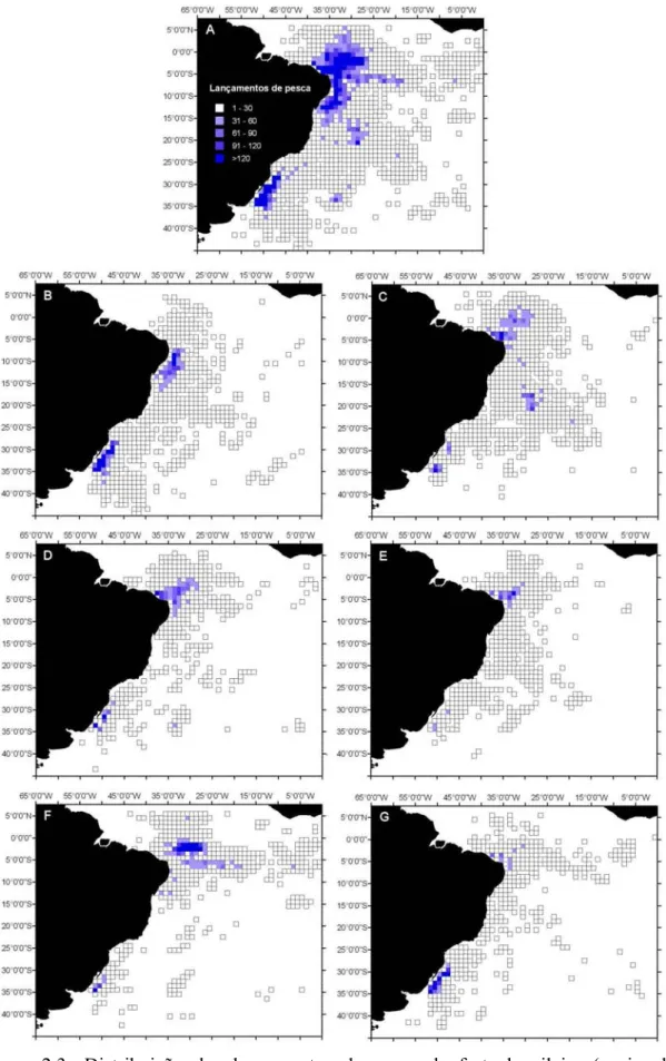 Figura 2.3- Distribuição dos lançamentos de pesca da frota brasileira (nacional e  arrendada), com palangre, no período de 1978 a 2000