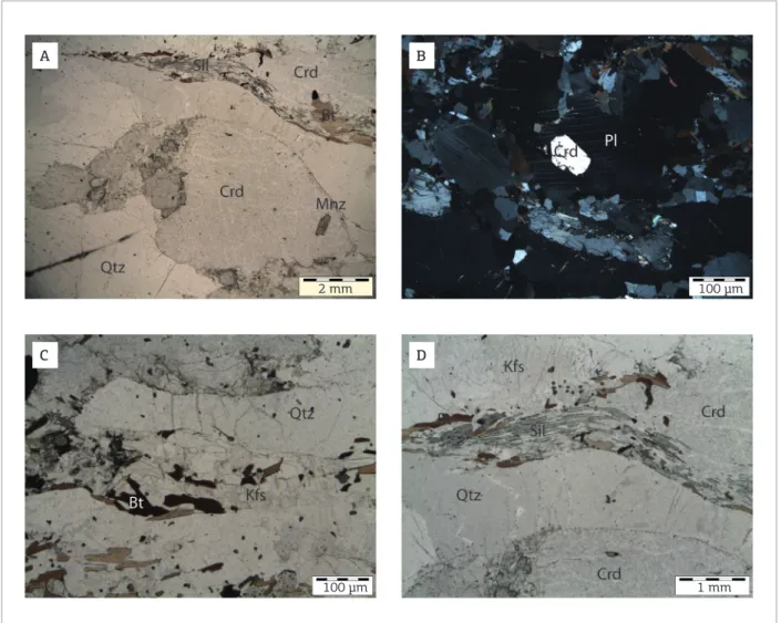 Figure 4. Leucosome related microstructures. (A) Leucosome dominated by cordierite and quartz