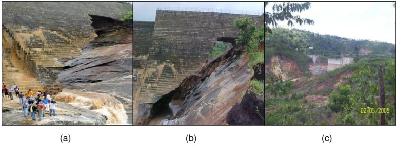 Figura 5.6: Vistas da área de ruptura: (a) e (b) à jusante; (c) a montante da  barragem