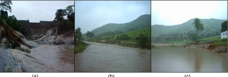 Figura 5.7: Rio Mamanguape: (a) leito de pedras logo à jusante da barragem; (b)  calha principal que contorna a cidade de Alagoa Grande; (c) desvio no seu curso  natural